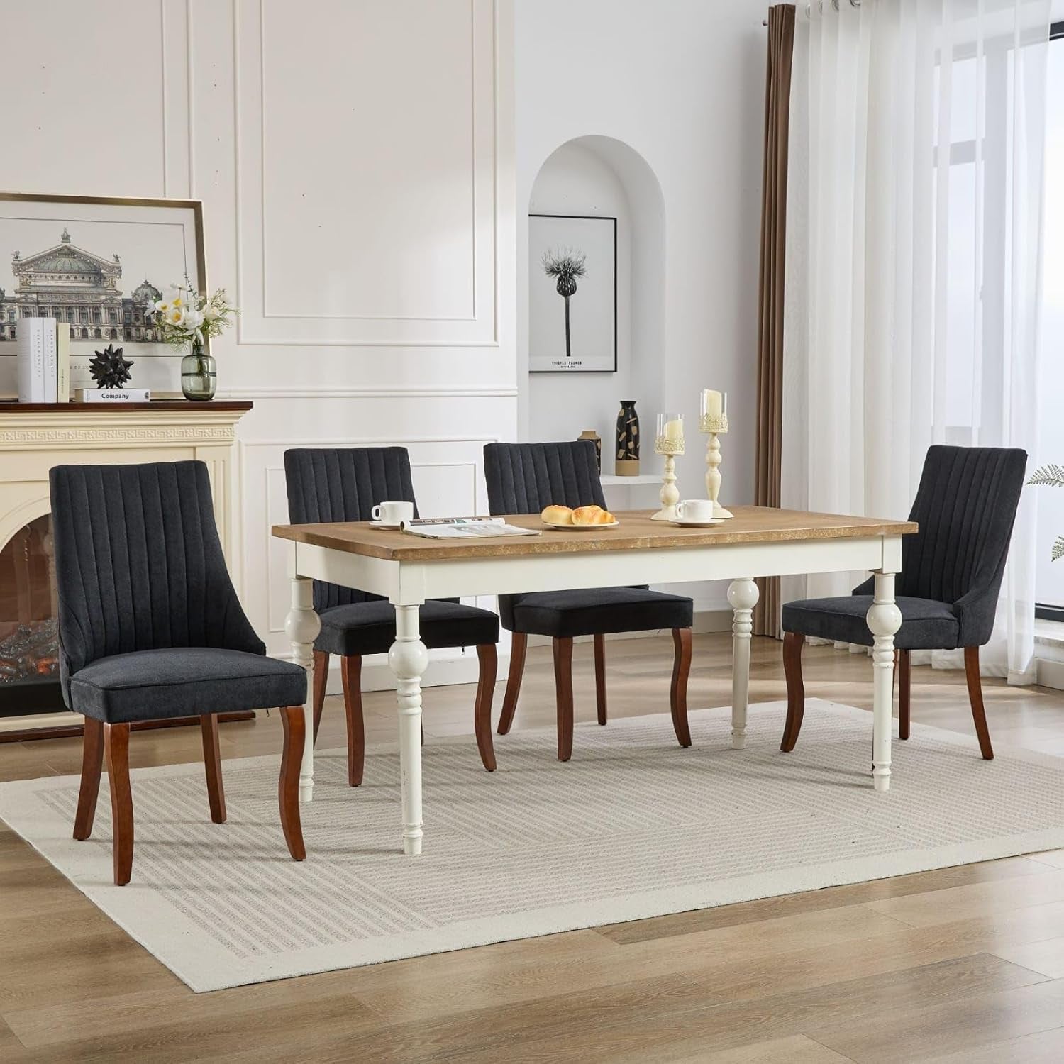 Velvet Dining Chairs Set of 4,Comfy Fabric Upholstered Accent Chairs for Kitchen Living Room,Channel Tufted Dining Room Chairs with Curved Solid Wood Legs(Black)