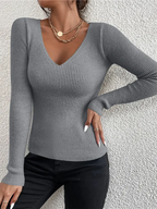 2025 Autumn Winter Women Solid Rib Knit V Neck Stripe Pull Sweater