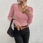 2025 Autumn Winter Women Solid Rib Knit V Neck Stripe Pull Sweater