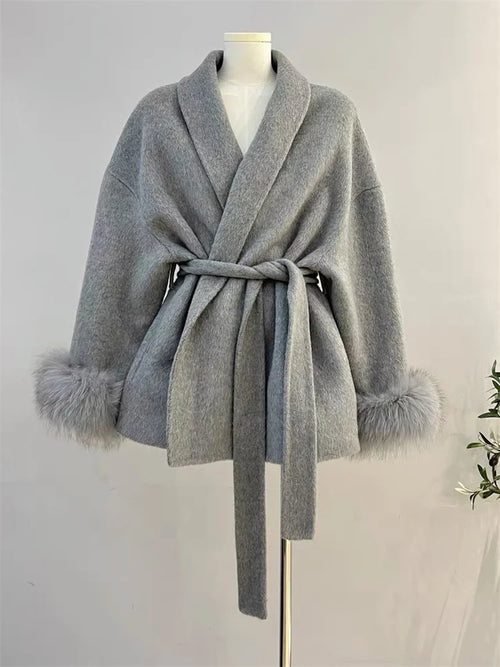 Tossy Fox Fur Wool Overcoat Women's Short Coat Office Lady Elegant