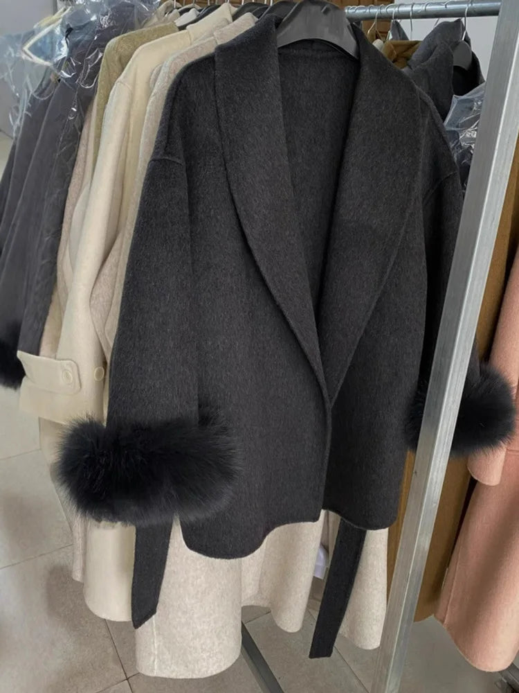 Tossy Fox Fur Wool Overcoat Women's Short Coat Office Lady Elegant