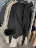 Tossy Fox Fur Wool Overcoat Women's Short Coat Office Lady Elegant