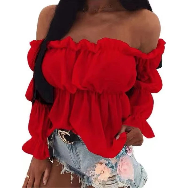 Women's Fashion One-line Collar Waist Shirt Women's Pleated Casual