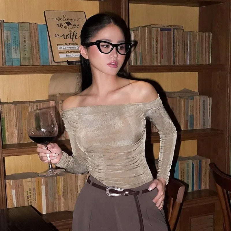 Women New T-shirt Autumn Sexy Crop Top Off Shoulder Slim Solid Tees