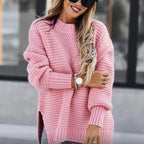2024 New Loose Split Knitted Long Sleeve Thick Sweater Half High Neck