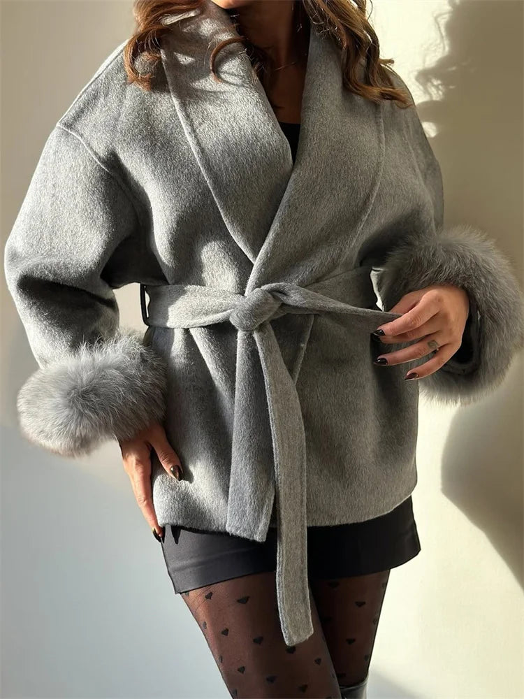 Tossy Fox Fur Wool Overcoat Women's Short Coat Office Lady Elegant