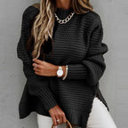 2024 New Loose Split Knitted Long Sleeve Thick Sweater Half High Neck