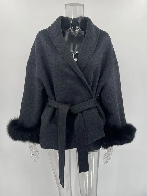 Tossy Fox Fur Wool Overcoat Women's Short Coat Office Lady Elegant