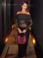 Cutenew Mesh Ruched Women Maxi Dress Sexy See Through Off Shoulder