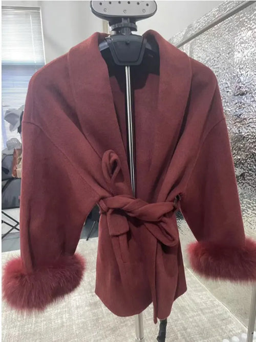 Tossy Fox Fur Wool Overcoat Women's Short Coat Office Lady Elegant