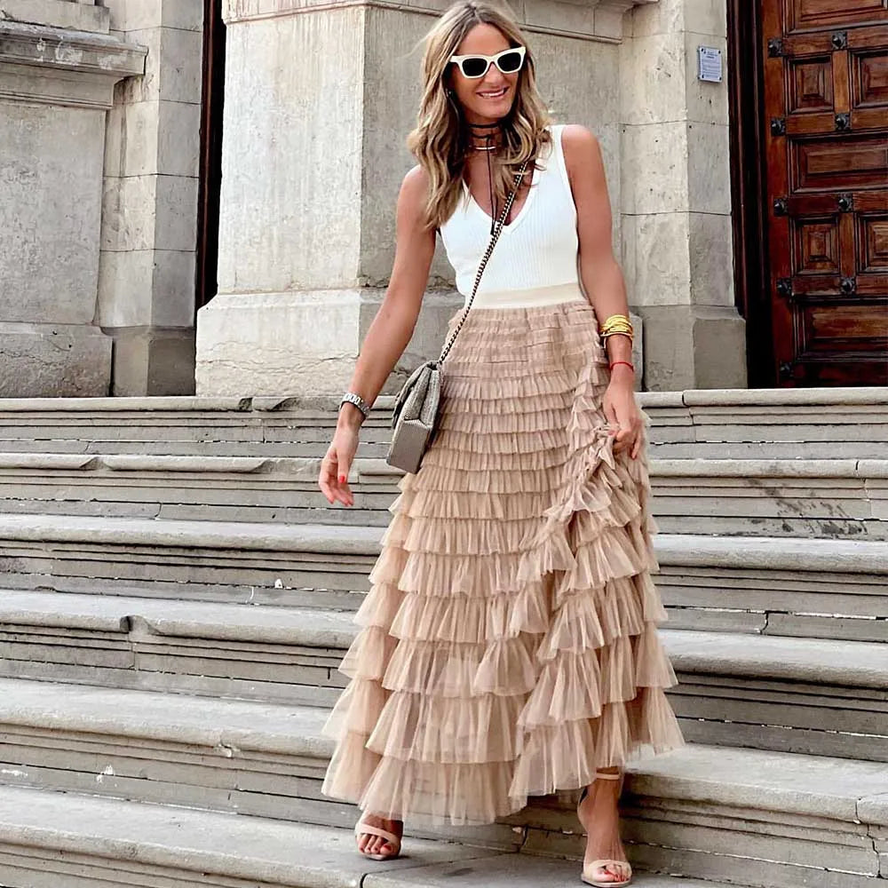 Casual Womens Solid Ball Gown Long Skirt Tulle High Waist Pleated Tutu