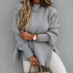 2024 New Loose Split Knitted Long Sleeve Thick Sweater Half High Neck
