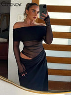 Cutenew Mesh Ruched Women Maxi Dress Sexy See Through Off Shoulder