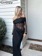 Cutenew Mesh Ruched Women Maxi Dress Sexy See Through Off Shoulder