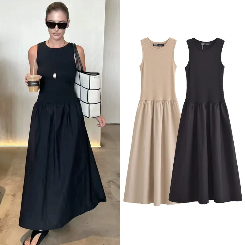 TRAF Women's Black Long Dresses 2025 Spring Sleeveless Elegant Dresses