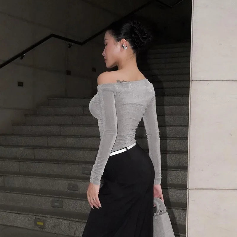 Women New T-shirt Autumn Sexy Crop Top Off Shoulder Slim Solid Tees