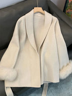 Tossy Fox Fur Wool Overcoat Women's Short Coat Office Lady Elegant