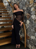 Cutenew Mesh Ruched Women Maxi Dress Sexy See Through Off Shoulder