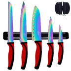 Kitchen Knife Set Kit | Red Handle & Black Magnetic Rack