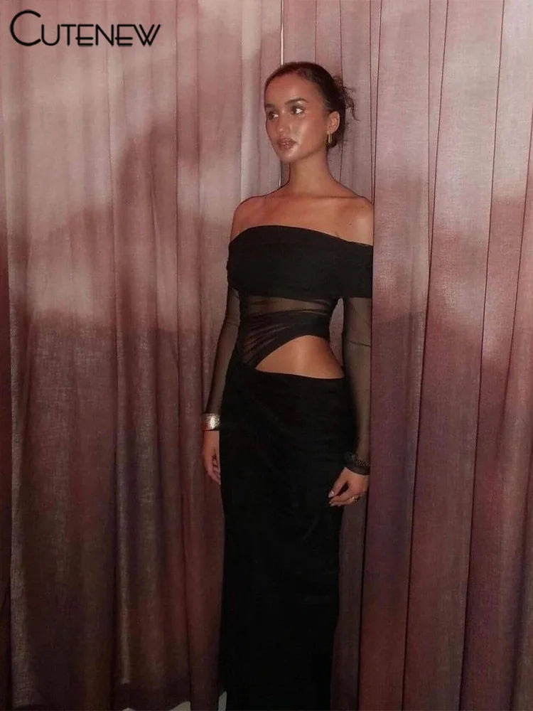 Cutenew Mesh Ruched Women Maxi Dress Sexy See Through Off Shoulder