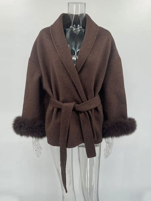 Tossy Fox Fur Wool Overcoat Women's Short Coat Office Lady Elegant