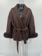 Tossy Fox Fur Wool Overcoat Women's Short Coat Office Lady Elegant