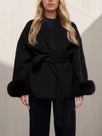 Tossy Fox Fur Wool Overcoat Women's Short Coat Office Lady Elegant