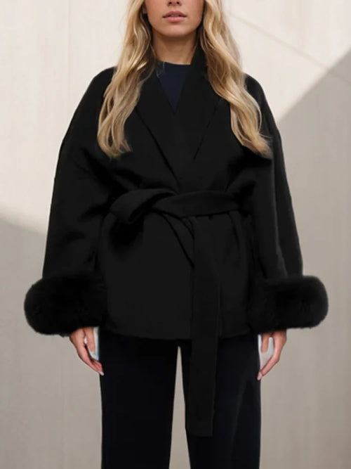 Tossy Fox Fur Wool Overcoat Women's Short Coat Office Lady Elegant