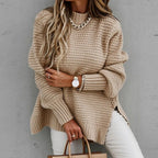 2024 New Loose Split Knitted Long Sleeve Thick Sweater Half High Neck