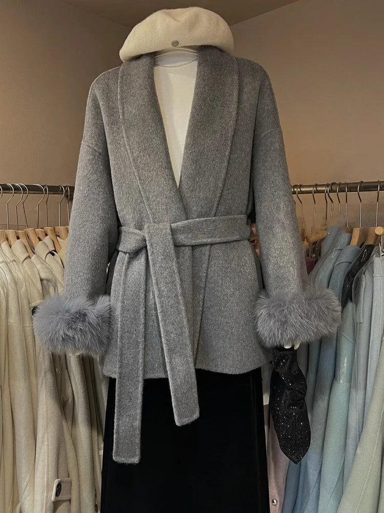 Tossy Fox Fur Wool Overcoat Women's Short Coat Office Lady Elegant