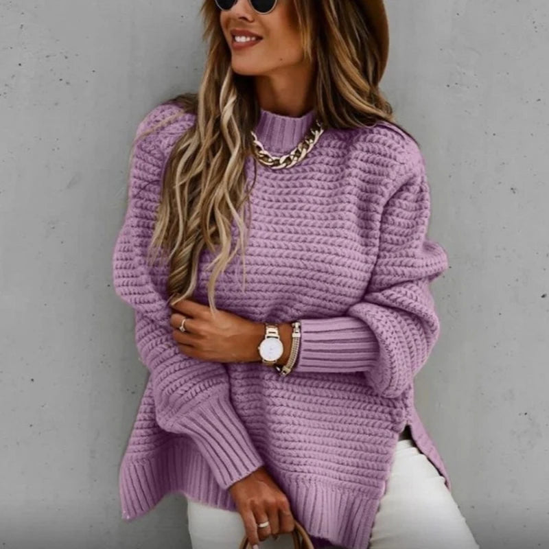 2024 New Loose Split Knitted Long Sleeve Thick Sweater Half High Neck