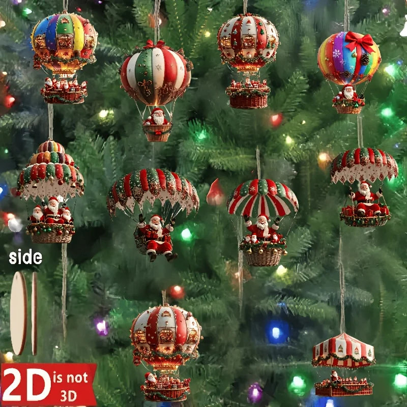 10Pcs Christmas Wooden Hot Air Balloon Santa Claus 2D Flat Wooden
