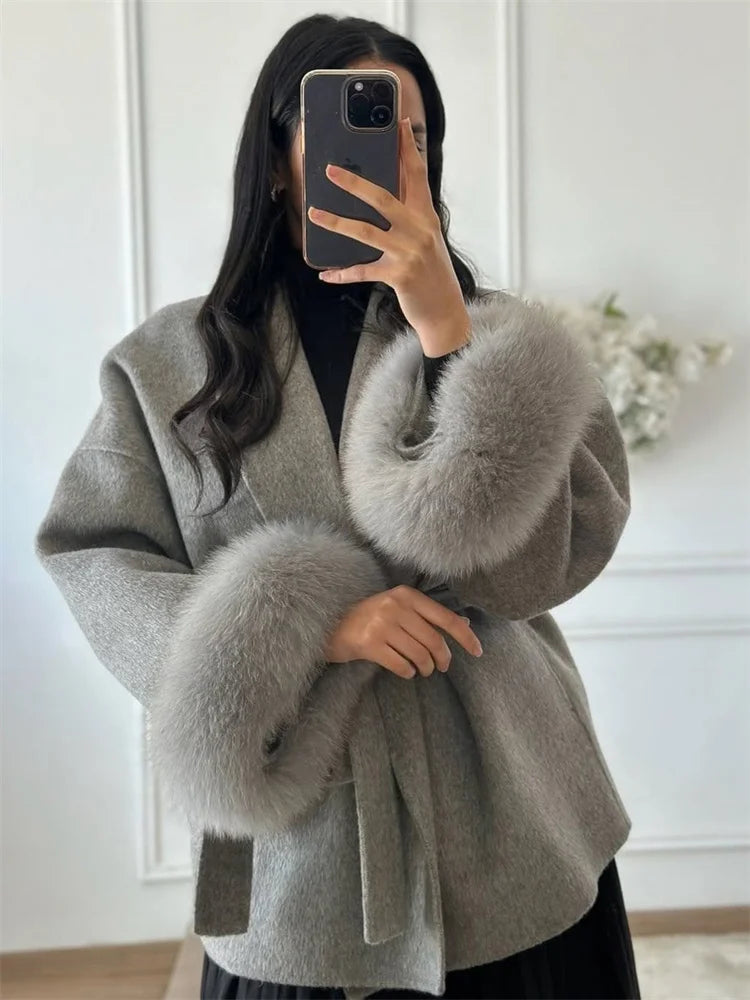 Tossy Fox Fur Wool Overcoat Women's Short Coat Office Lady Elegant