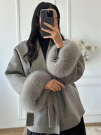 Tossy Fox Fur Wool Overcoat Women's Short Coat Office Lady Elegant
