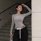Women New T-shirt Autumn Sexy Crop Top Off Shoulder Slim Solid Tees