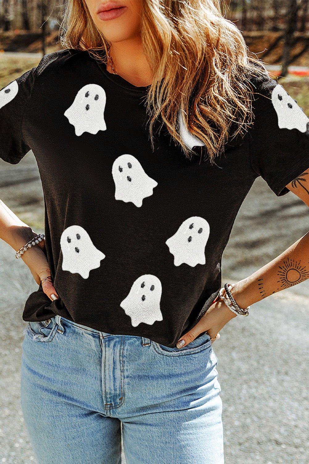Black Halloween Ghost Sequins Patch Casual T Shirt - H&A Outlet
