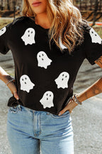 Black Halloween Ghost Sequins Patch Casual T Shirt - H&A Outlet