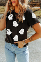 Black Halloween Ghost Sequins Patch Casual T Shirt - H&A Outlet
