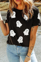 Black Halloween Ghost Sequins Patch Casual T Shirt - H&A Outlet