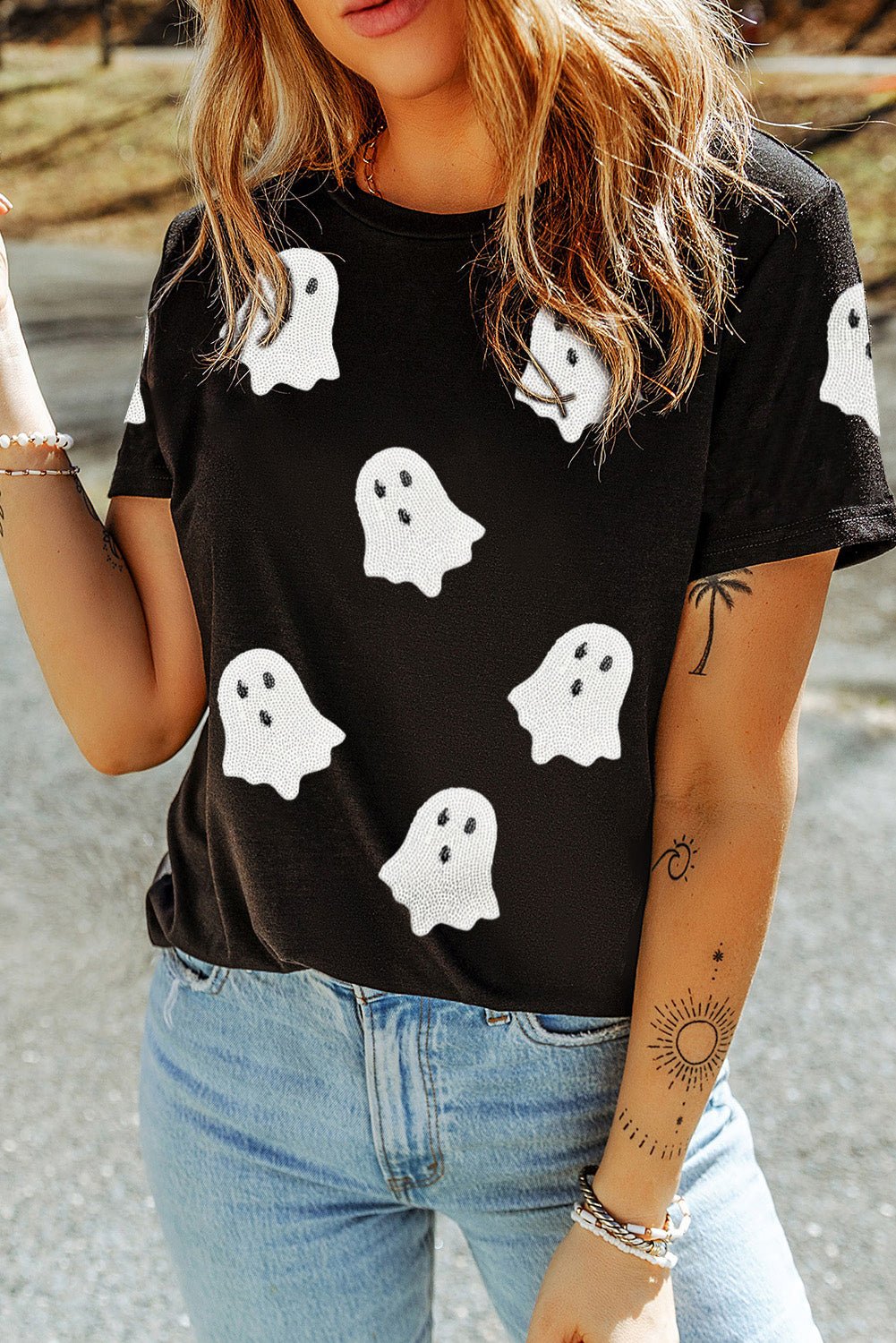 Black Halloween Ghost Sequins Patch Casual T Shirt - H&A Outlet