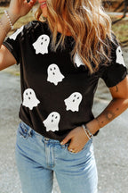 Black Halloween Ghost Sequins Patch Casual T Shirt - H&A Outlet