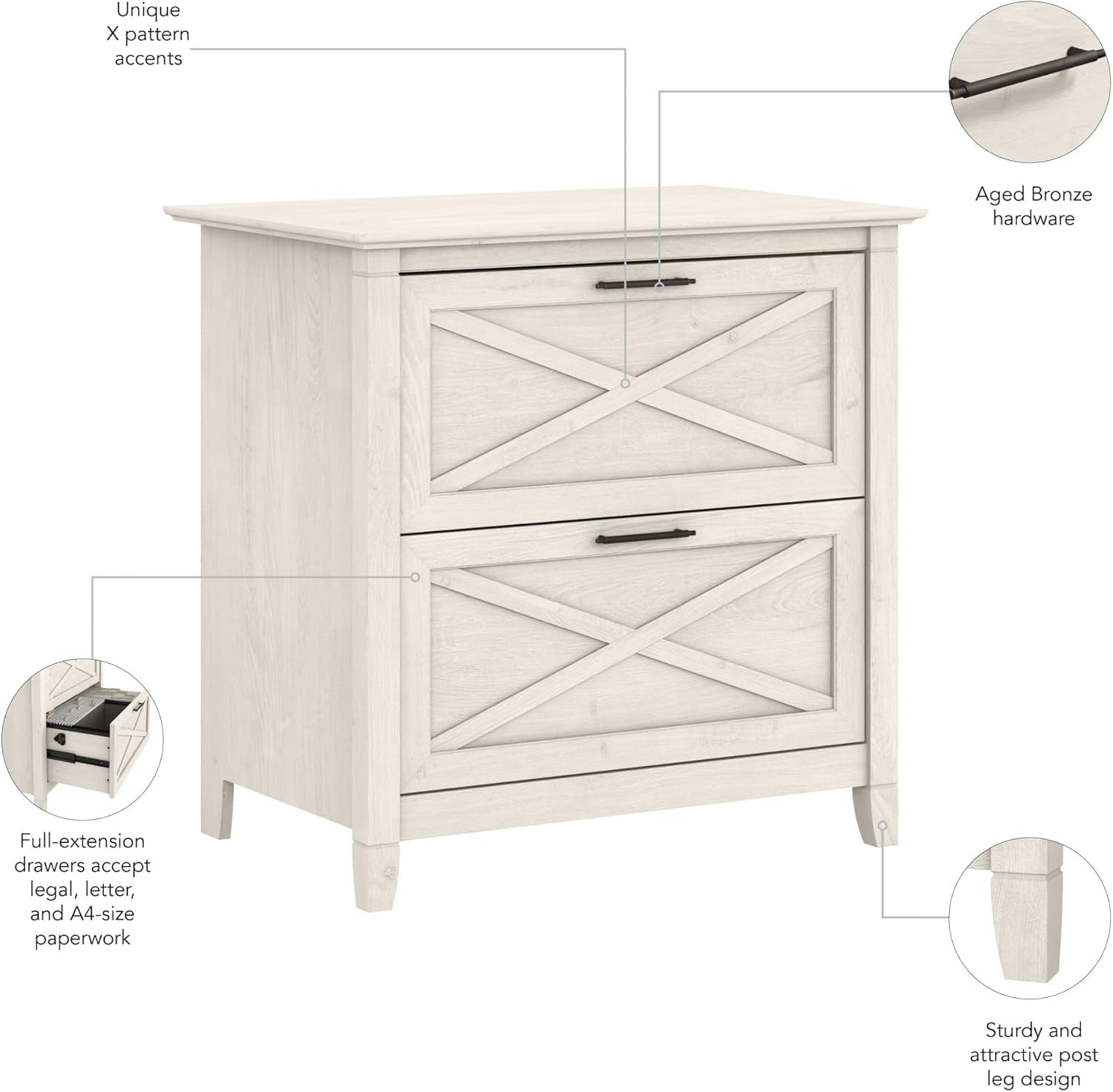 Bush Furniture Key West 2 Drawer Lateral File Cabinet in Linen White Oak | Document Storage for Home Office | Accent Chest with Drawers - H&A Outlet