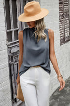 Button Trim Layered Collar Sleeveless Blouse - H&A Outlet