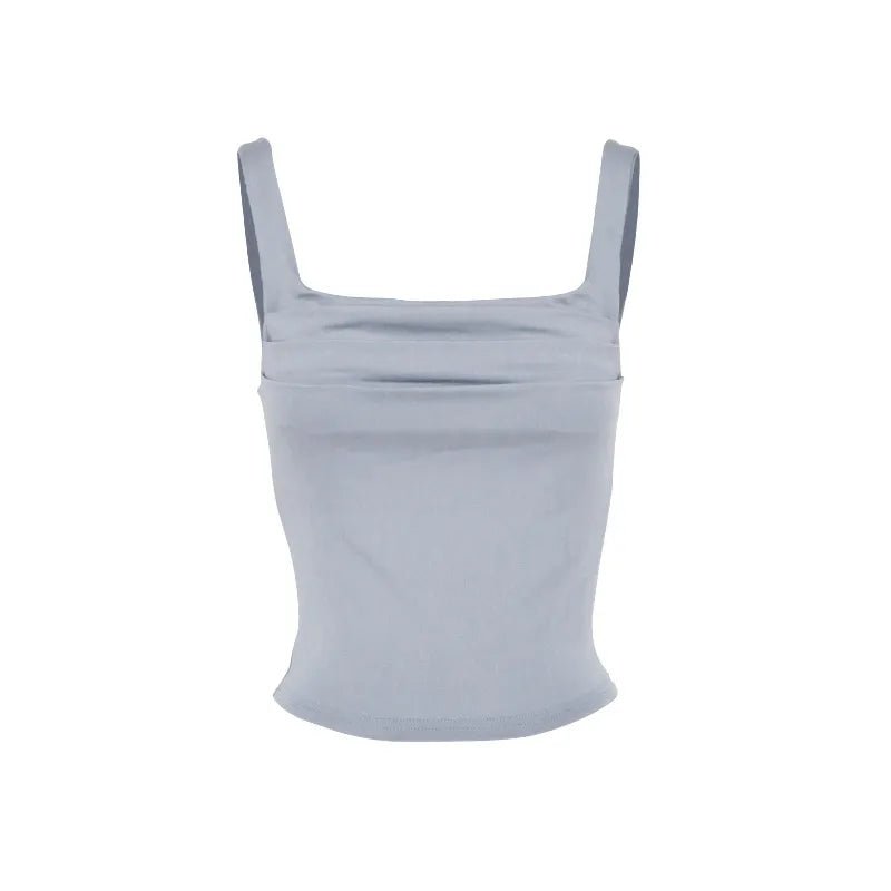 Casual Pure Color Pleated Design Square Collar Slim Fit Tank Top Summer New Style Women's Backless Vest European Street Style - H&A Outlet