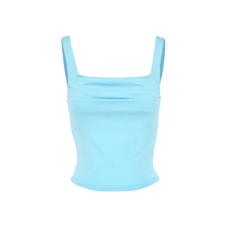 Casual Pure Color Pleated Design Square Collar Slim Fit Tank Top Summer New Style Women's Backless Vest European Street Style - H&A Outlet