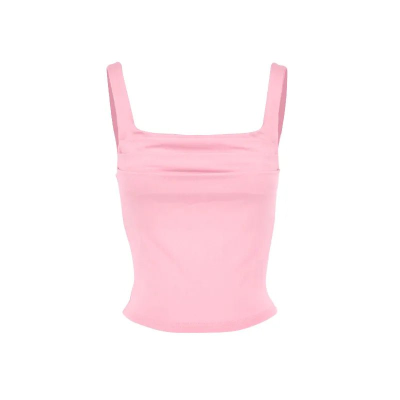 Casual Pure Color Pleated Design Square Collar Slim Fit Tank Top Summer New Style Women's Backless Vest European Street Style - H&A Outlet
