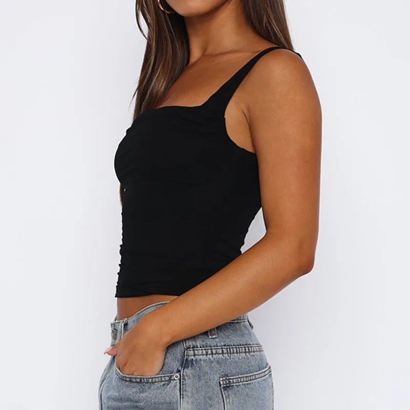 Casual Pure Color Pleated Design Square Collar Slim Fit Tank Top Summer New Style Women's Backless Vest European Street Style - H&A Outlet