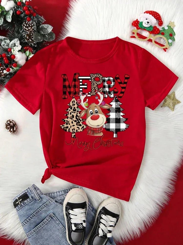 Cute Reindeer Leopard Print Women Christmas T Shirt Casual Cartoon - H&A Outlet