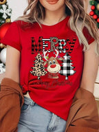 Cute Reindeer Leopard Print Women Christmas T Shirt Casual Cartoon - H&A Outlet