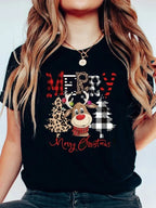 Cute Reindeer Leopard Print Women Christmas T Shirt Casual Cartoon - H&A Outlet